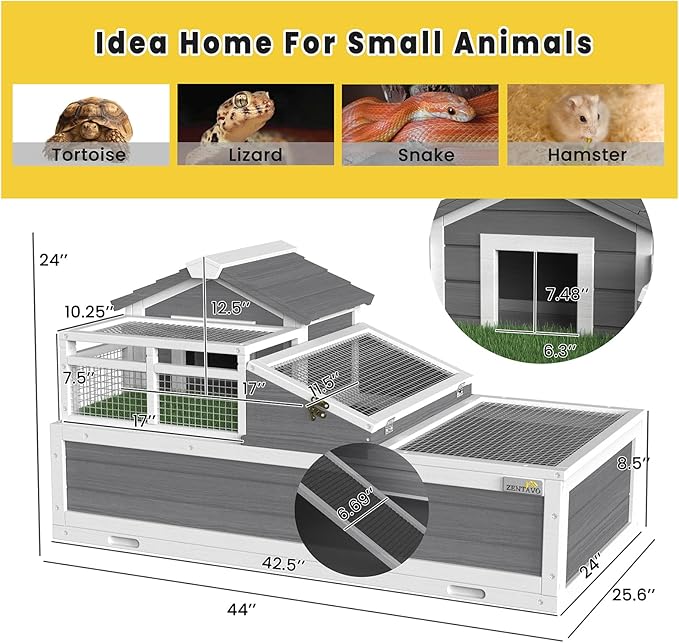 3-Room Large Tortoise Habitat with Pull-Out Tray, Wooden Reptile Enclosure Indoor & Outdoor with Ramp, Grass Mat, Openable Roof, Reptile Cage for Small Animals, Luxurious Tortoise House Villa, Gray