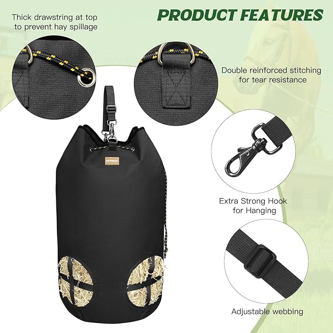 Hay Bags for Horses, Large Capacity Slow Feeder with Adjustable Top Opening, 4 Holes for Sheep, Goats, Donkeys