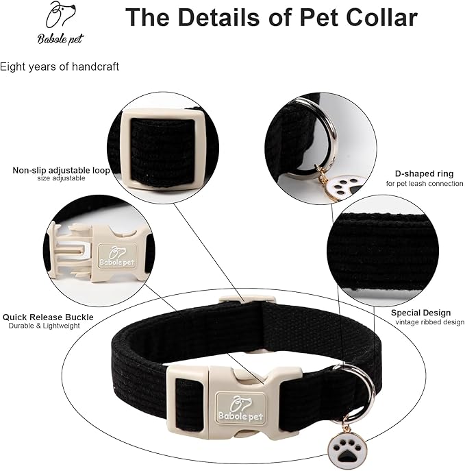 Cute Corduroy Dog Collar - Black Adjustable Dog Collars for Small Dogs 10-25lbs, Fade-Proof with Secure Snap & Little Charm, Christmas Birthday Gift, S