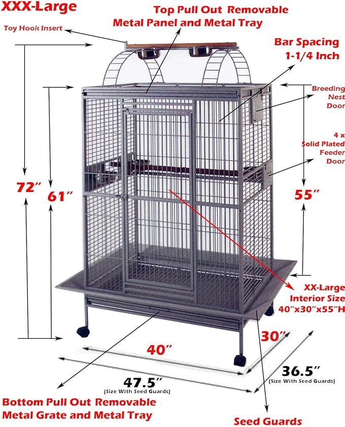 4 Size, XXX-Large 40" x 30" x 72"H Castle PlayTop Parrot Cage for Large Macaws Cockatoos African Grey Amazon