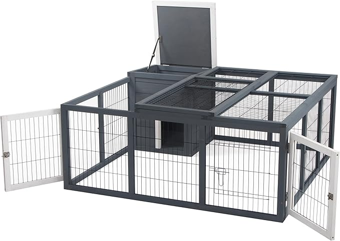 PawHut Rabbit Hutch Bunny Cage with Openable Main House, Indoor Outdoor Waterproof Rabbit House, Guinea Pig Cage for Rabbits, Chickens, Ducks, Small Animals with Three Ventilation Doors, Gray