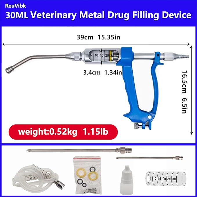 30ML Adjustable Veterinary Metal Feeding Gun, Continuous Drench Gun Continuous Dosing Device Veterinary Medicine Dispenser Husbandry Autonomous Feeding Tool, for Pig Cow, Sheep, Horse