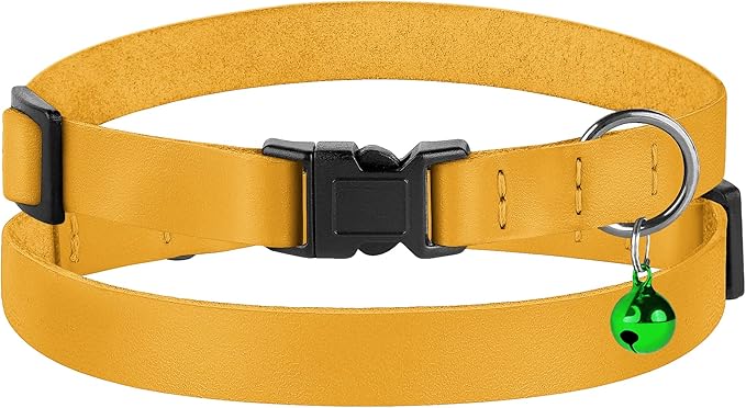 Breakaway Cat Collar with Bell - Leather Adjustable Kitten Collars with Safety Quick Release Buckle - Soft Small Pet Collars for Girl & Boy Cats (Yellow)