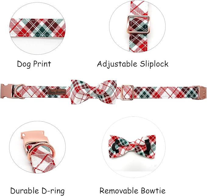 Dog Collar, Christmas Dog Collar Plaid Pet Collar Bow Holiday Bows Girl Boy Puppy Collar Adjustable Pet Collar for Large Dogs