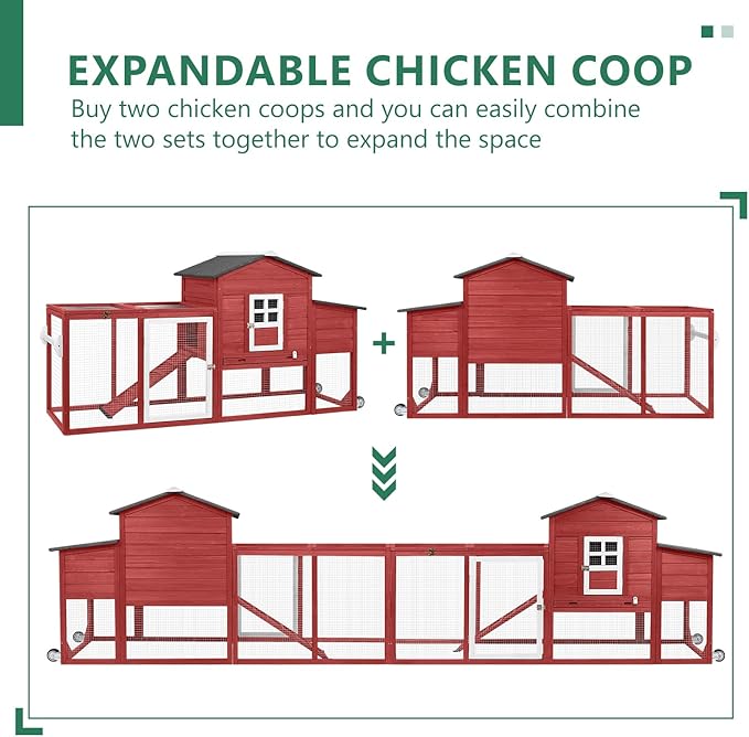 79" L Chicken Coop with Run, Mobile Chicken Hen House with Nesting Boxes, Wheels, Outdoor Indoor Rabbit Hutch, Poultry Cage for Chickens Ducks Bunny with Removable Tray, Ramp (Red)