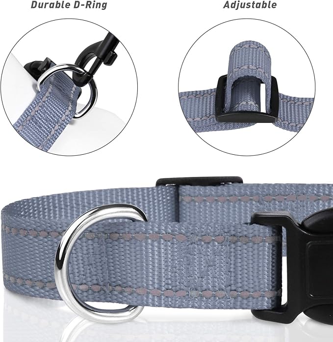 TagME Reflective Nylon Dog Collars, Adjustable Classic Pet Collar with Quick Release Buckle for Puppy, Grey, 3/8" Width