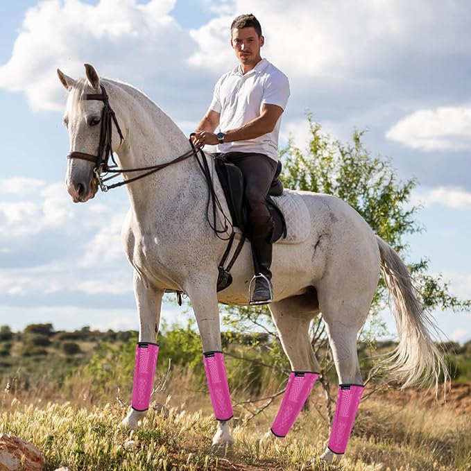FOXLVDA Horse Fly Boots - Fly Boots for Horses Set of 4, Comfortable Horse Leggings, Mesh Material Design with Metal Support Bars for Reduces Stomping & Leg Fatigue (Pink, Large)