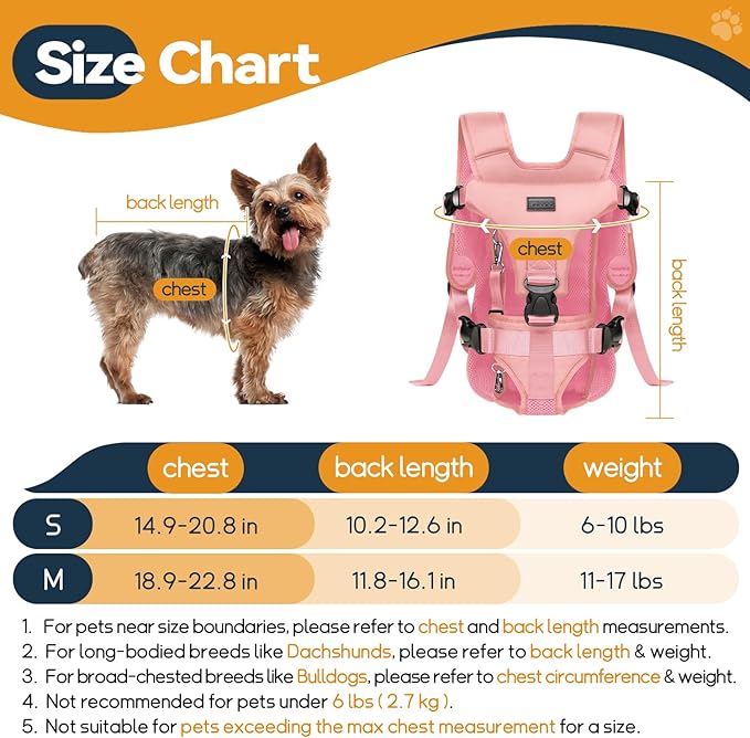 Pet Dog Front Carrier Backpacks, Legs Out Secure-Fit Dog Front Carrier for Small Dogs Up to 17 lbs, Adjustable Hands Free Pet Chest Carrier for Hiking Cycling (M, Pink)