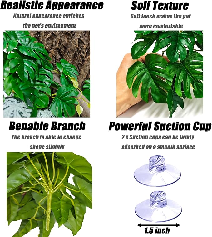 Woyrise Reptile Plants for Terrarium, Artificial Hanging Plants with Suction Cups, Amphibian Tank Habitat Decor Plastic Plant for Bearded Dragons Lizards Snake Geckos Frogs - 2Pack Fake Monstera