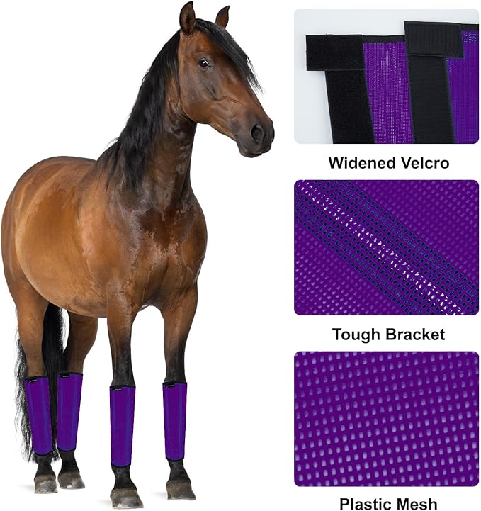 FOXLVDA Horse Fly Boots - Fly Boots for Horses Set of 8, Comfortable Horse Leggings, Mesh Material Design with Metal Support Bars for Reduces Stomping & Leg Fatigue (Blue-Purple, Large)