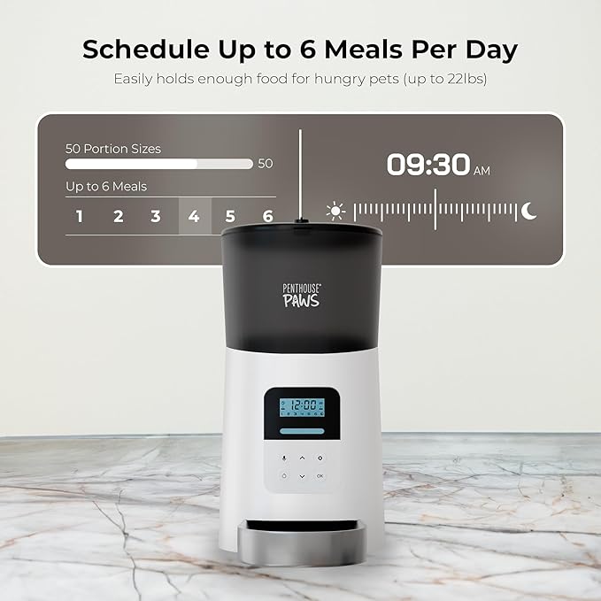 Penthouse Paws® Automatic Pet Feeder 6L, LCD Timed Food Dispenser, Twist-Lock Storage, Anti-Jam, Voice Meal Call, Up to 15 Daily Meals, Battery Backup, White with Stainless Steel Bowl, for Cat & Dog