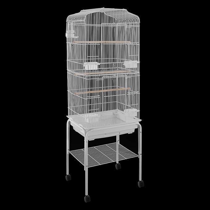 Bird Cage with Universal Wheels, Freestanding Parakeet Birdcage, Large Iron Flight Bird Cages 360° Full Hollow Design Pigeons Parrot, 18x15x54 Inch, with Feeding Bowls, Waterer (White)