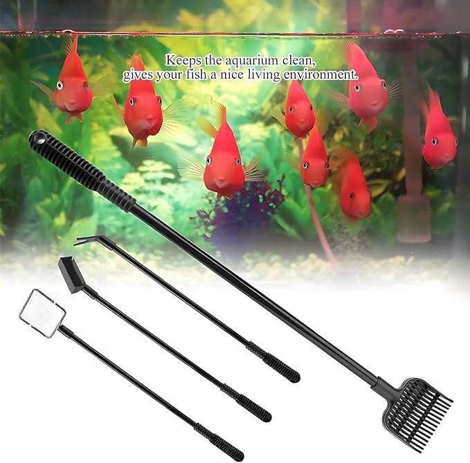 4 in 1 Portable Aquarium Cleaning Tool Kit Fish Tank Cleaning Set with Long Handle Fish Tank Cleaner Net, Shovel, Sponge, Plant Fork - Saltwater & Freshwater Fish Tank