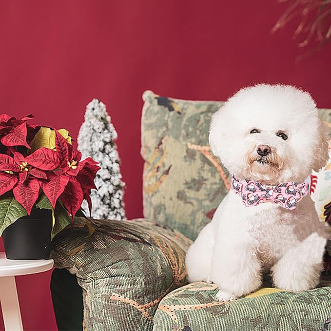 Christmas Dog Collar, Pink Christmas Santa Claus Dog Collar Bow Tie Pet Collars with Bow Adjustable Pet Collars with Premium Metal Buckle Dogs Necklace for Small Girl Dogs