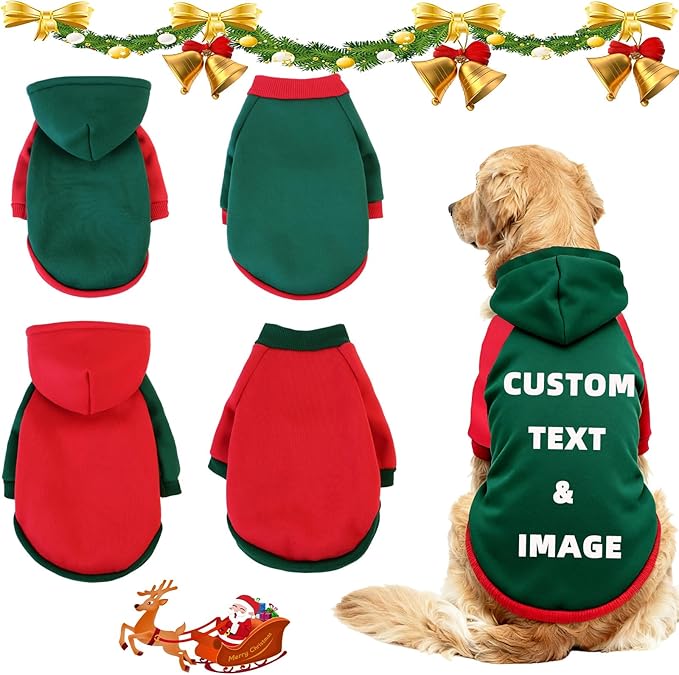 Custom Dog Hoodie, Personalized Sweatshirt with Photo Text Name Logo, Customized Hooded Sweater for Small Medium Large Dogs & Cats (Green + Red Border, Large)