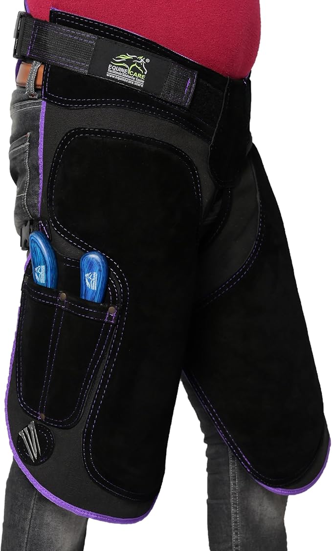 Equine Care Women’s Farrier Apron Chaps 23″ – Leather & Canvas, Adjustable 28–52″ Waist, EVA Padded Knees, Lumbar Support, 4 Knife Pockets & Nail Magnets for Hoof Trimming (Black with Purple Piping)