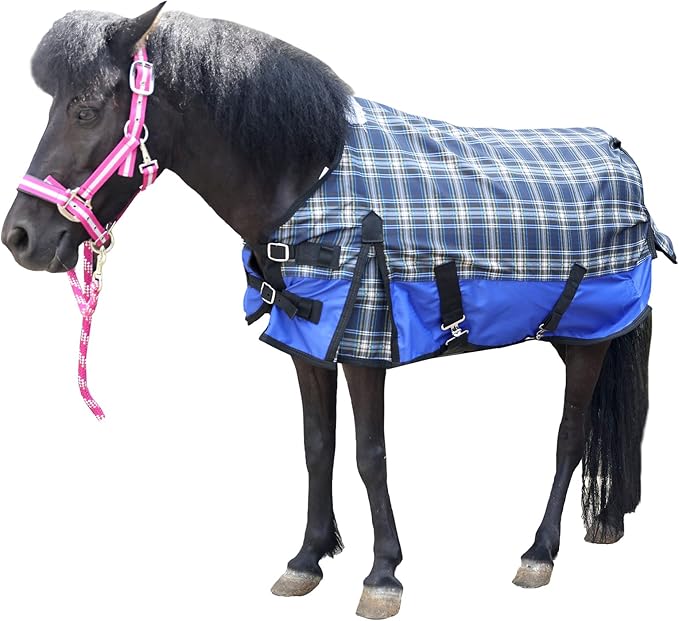 600 Denier Ripstop Mini Horse Blanket - 0g Fill Lightweight, Waterproof Breathable Miniature Pony/Donkey Turnout Rain Sheet Blueplaid 51