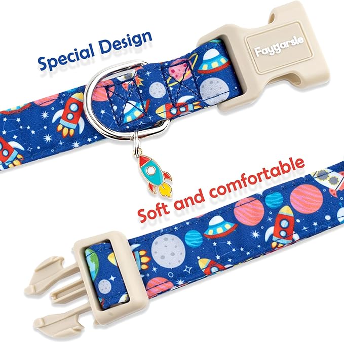 Faygarsle Space Theme Dog Collar, Navy Blue with Rockets and Planets Pattern for Summer Small Medium Large Dogs M