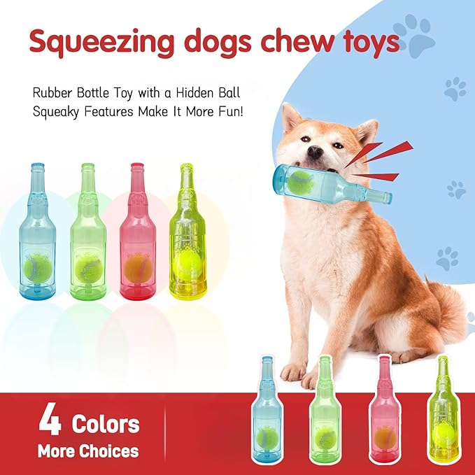 Cute Tough Dog Toy Rubber Bottle Squeaky Dogs Chew Toy Long Lasting Interactive Fetch Toy for Teething Tennis Ball Included (Blue, Large)