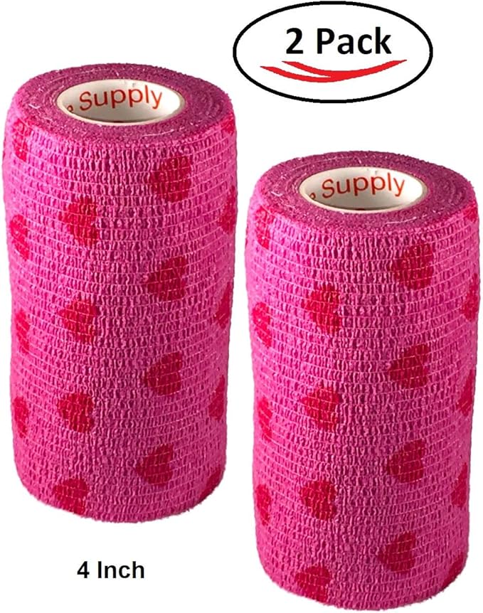 Vet Wrap Wrap Tape (Pink with Hearts) (2 Pack) (3 Inch x 15 feet) Self Adhesive Adherent Adhering Cohesive Flex Self Stick Bandage Grip Roll Dog Cat Pet Horse