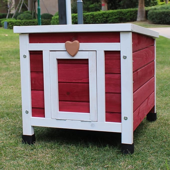 Rockever Outdoor Cat House,Outdoor cat Houses for Feral Cats Weatherproof Rabbit Hutch Small, Wooden Small Pet House and Habitats-Red