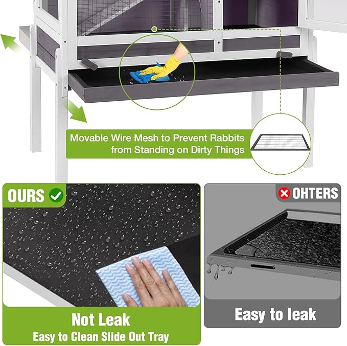 Indoor Rabbit Hutch Guinea Pig Cages 2-Story Wooden Small Animal Cage Bunny House with Chew-Proof Aluminum Alloy Frame, Pull-Out Tray, Leakproof PVC Layer, Detachable Legs (Grey)