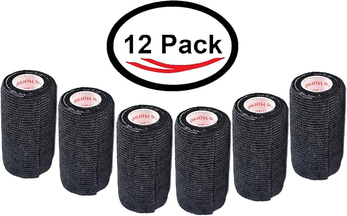 3 Inch Vet Wrap Tape Bulk (Black) (Pack of 12) Self Adhesive Adherent Adhering Flex Bandage Grip Roll for Dog Cat Pet Horse