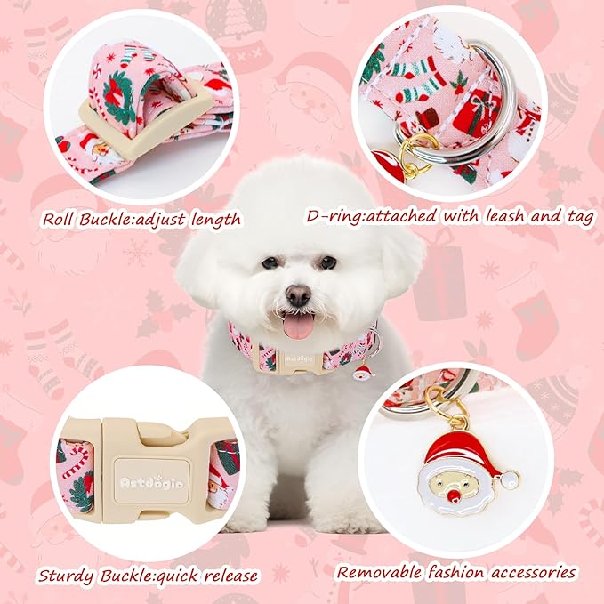 Christmas Dog Collar, Soft Winter Dog Collars for Large Dogs with Santa & Snowman Design, Cute Pink Christmas Collars for Dogs, Festive Holiday Dog Collar for Girl Boy Dogs Gift-L