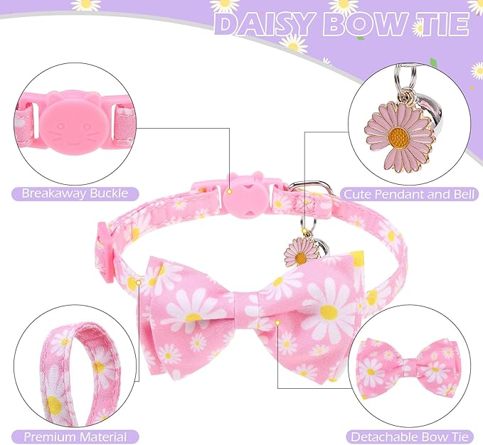 EXPAWLORER Cute Cat Collar Breakaway with Bells - 2 Pack Adjustable Floral Pet Collar with Removable Bow Tie and Bandana, Safety Buckle for Girl Boy Cats Kitten, Pink Purple Daisy