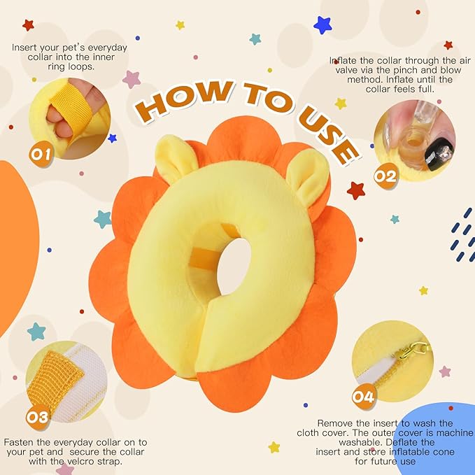 IEUUMLER Inflatable Recovery Dog Collar, Protective Donut Cone, Adjustable Soft Collar for Dog and Cat After Surgery Prevent from Biting & Scratching EU002 - Orange Lion XL