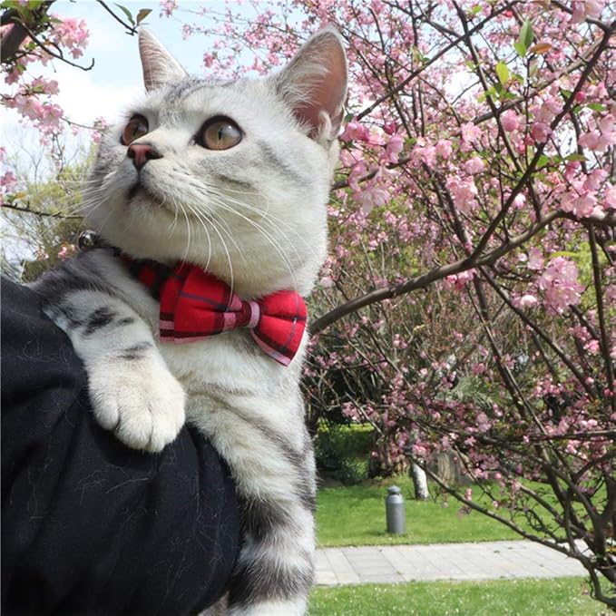 Cat Collar Breakaway with Bell and Bow Tie, Plaid Design Adjustable Safety Kitty Kitten Collars Set of 2 PCS(6.8-10.8in) (Red&Blue Plaid)