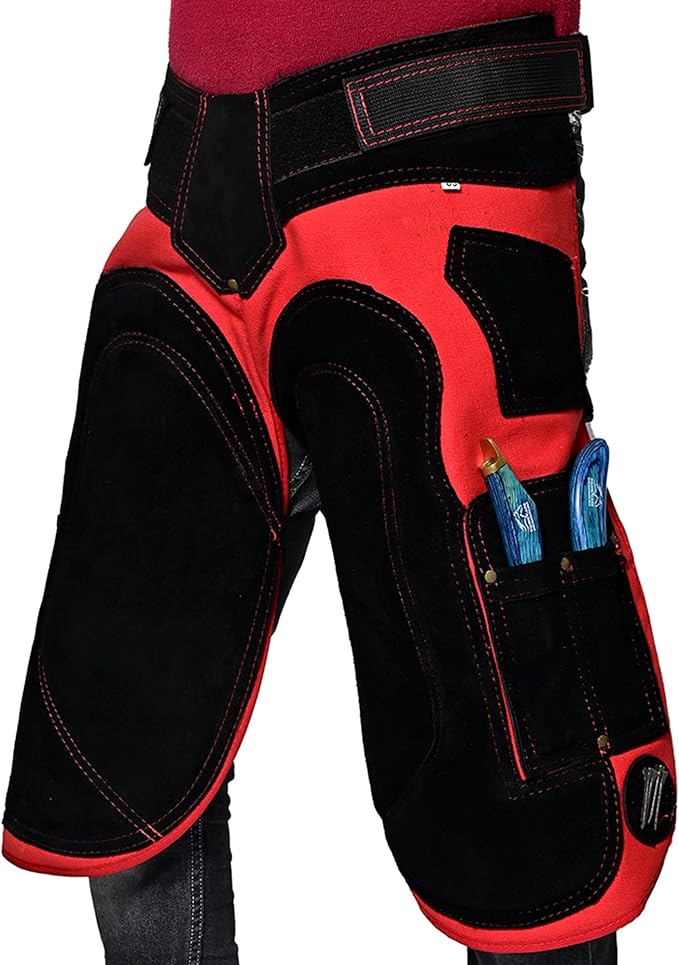 Equine Care Farrier Apron Chaps 2mm Cowhide Leather, 500 GSM Canvas, Air-Mesh, 29" Length, Adjustable Waist (28"-52"), Ergonomic Foam-Padded Thigh & Back Support, 4 Knife Pockets, 2 Nail Magnets.