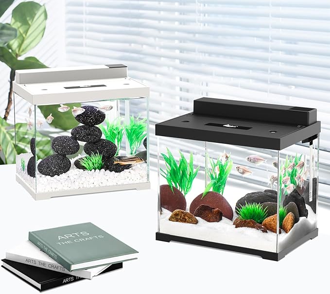 AQQA Small Glass Fish Tank，2.4 Gallon Self Cleaning Aquarium Starter Kits,USB External Controller,Adjustable 4 Color Lighting,Individually Controlled Upper Filtration System Black