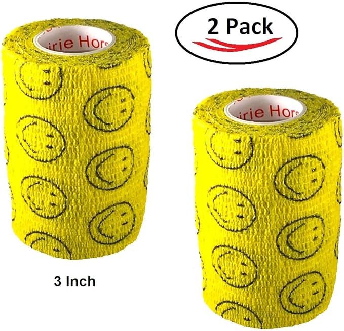 Vet Wrap Wrap Tape (Yellow with Smiles) (2 Pack) (3 Inch x 15 feet) Self Adhesive Adherent Adhering Cohesive Flex Self Stick Bandage Grip Roll Dog Cat Pet Horse