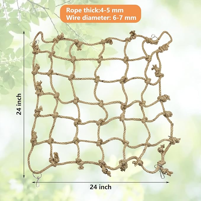 Tfwadmx Natural Bird Rope Net, Large Size - 24''X24'' Parrot Swing Hammock, Bird Climbing Ladder Hanging Cage Perch Chew Toys for Budgies Macaw Conure Finch Cockatoo Budgie African Grey Parakeet