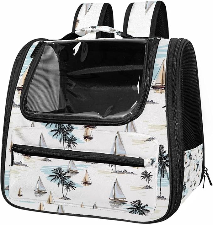 Coconut Palm Trees Sailboat Summer Beach Pet Travel Carrier Soft Sided Portable Bag for Cats, Small Dogs, Kittens or Puppies