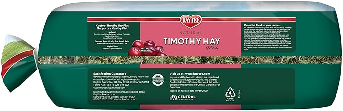 Kaytee All Natural Timothy Hay Plus Cranberries for Guinea Pigs, Rabbits & Other Small Animals, 24 Ounce (Pack of 2)