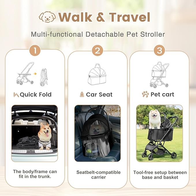 Wdyvko 3 in 1 Dog Stroller, Upgraded Frame, Up to 44lbs Pet Stroller with Dog Poop Bags & Dispenser, Zipperless Entry, Storage Basket & Pouch for Small Dogs Cats (Black)