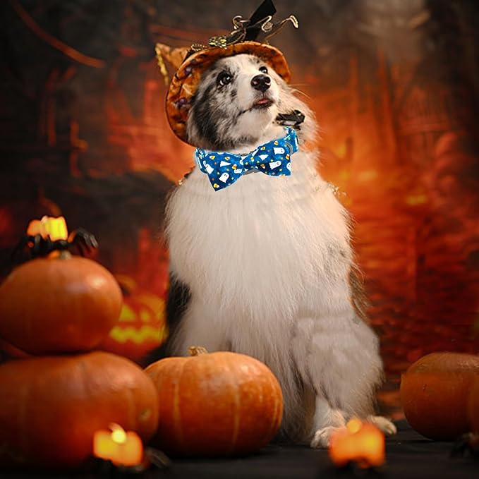 Halloween Dog Collar, Ghost Print Adjustable Pet Collar Blue Cute Cotton Soft Collars with Bow Tie Fall Metal Buckle Holiday Puppy Collars Boy&Girl Gift for Small Dogs