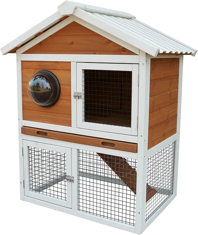 Wooden Rabbit Hutch with Matching PVC Material, Protected from Wind, rain and Snow, Rabbit House with ramped Stairs, Lockable Door, Ball Windows and Breathable mesh Door with Removable Tray.（84965）