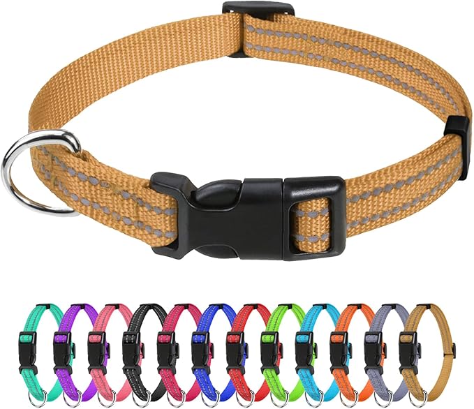 TagME Reflective Nylon Dog Collars, Adjustable Classic Collar with Quick Release Buckle for Extra Small Dogs, Khaki, 5/8" Width