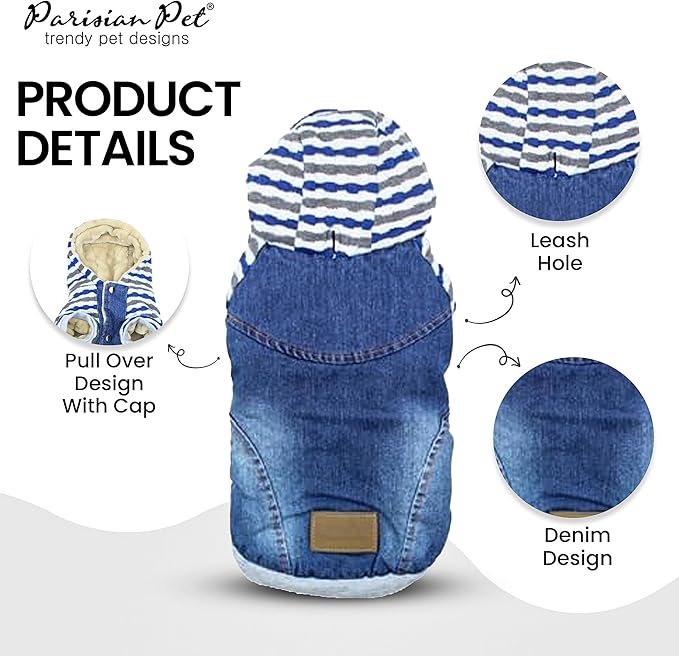 Parisian Pet Basic Hoodie - Lightweight Denim Striped Sweatshirt for Dogs With Leash Hole and Pockets - Blue Cotton Clothes for Small Dogs - S