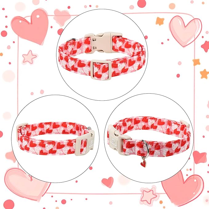 Valentines Dog Collar for Giant Large Dogs - Cute Pink Girl Dog Collar, Doodle Heart Pattern, Adjustable Valentine Dog Collars with Red Heart Charm XL