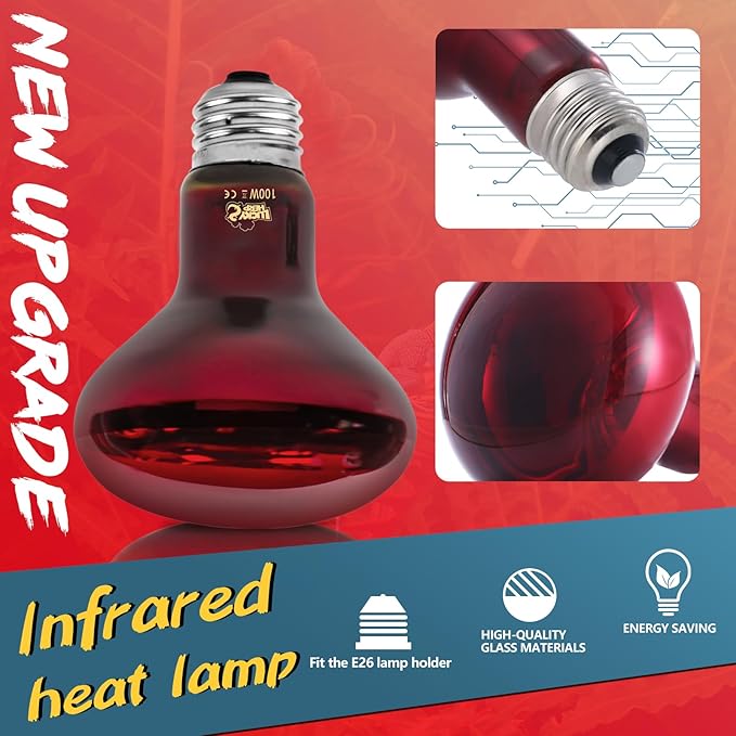 LUCKY HERP Infrared Heat Lamp 100W 2 Pack，Reptile & Amphibian Basking Spot Light Bulbs, Red Heat Lamp Bulbs for Reptiles, Bearded Dragon, Turtle, Lizard, Snake, Chicken