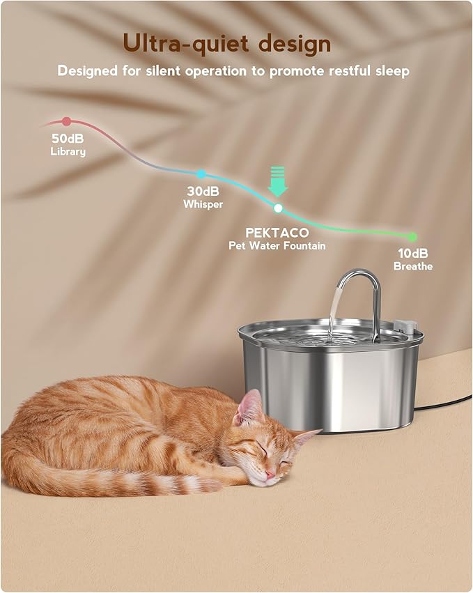 PEKTACO Cat Water Fountain, 3.2L/108oz Stainless Steel Pet Water Fountain for Cats/Dogs Indoor, Dog Drinking Dispenser Metal Kitty Spout with 3 Filters+ 3 Sponges