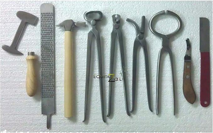 Horse Farrier Tool Kit – 9 Piece Complete Hoof Care Set with Hoof Nippers, Hoof Knife, Rasp, Clincher, Puller, Hammer & Grooming Tools – Professional Equine Hoof Trimming & Shoeing Kit for Farriers