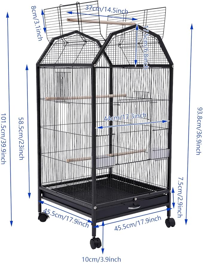Bird Cage with Stand and Wheel,17.9x17.9x39.9 Inch Iron Rolling 360 Degree Birdcages View Spacious Interactive Roof for Parrots Finches Lovebirds Budgie Canaries Macaw Indoor Outdoor