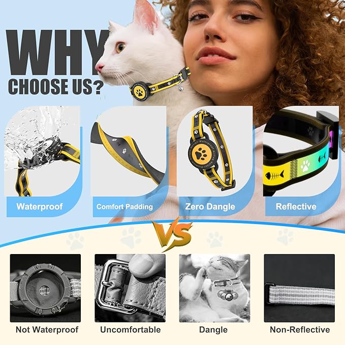 Airtag Cat Collar Breakaway, Reflective Cat Collar with AirTag Holder and Bell, Compatible with Apple Air Tag, Comfortable Padding, Adjustable, Durable (Yellow, S)