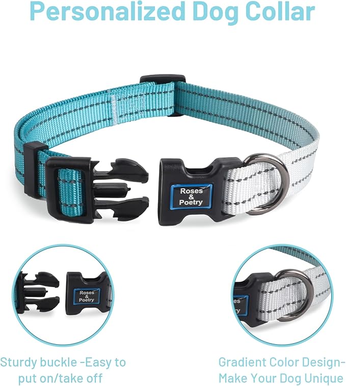 Roses&Poetry Dog Collars for Medium Dogs, Adjustable Durable Pet Collars for Small Medium Large Dogs (Teal-M)