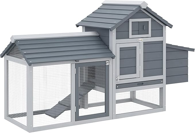 PawHut 59" Small Wooden Chicken coop Hen House Poultry Cage for Outdoor Backyard with 2 Doors, Nesting Box and Removable Tray, Gray